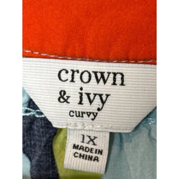 Crown and Ivy Top Womens Peasant 3/4 Sleeve Blue Orange Printed Plus Size 1X - Picture 6 of 12